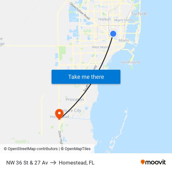 NW 36 St & 27 Av to Homestead, FL map