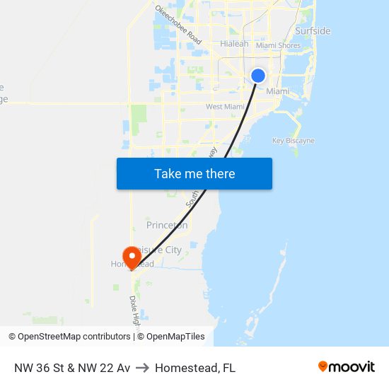 NW 36 St & NW 22 Av to Homestead, FL map