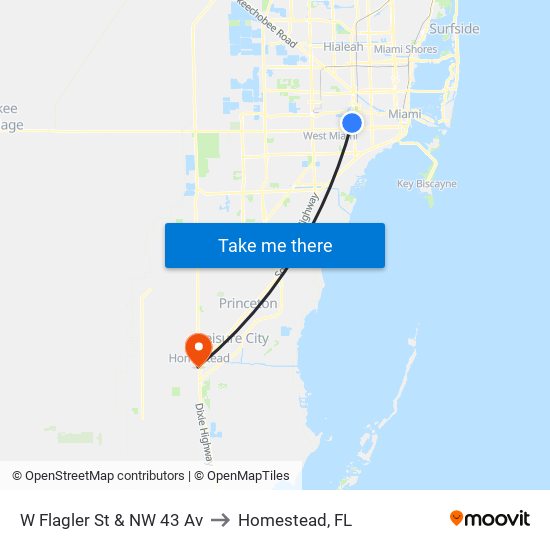 W Flagler St & NW 43 Av to Homestead, FL map