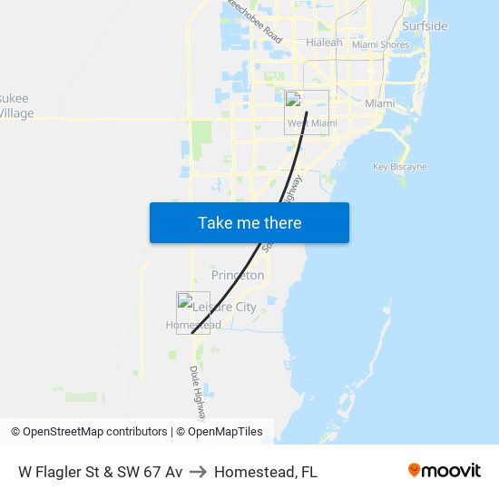 W Flagler St & SW 67 Av to Homestead, FL map