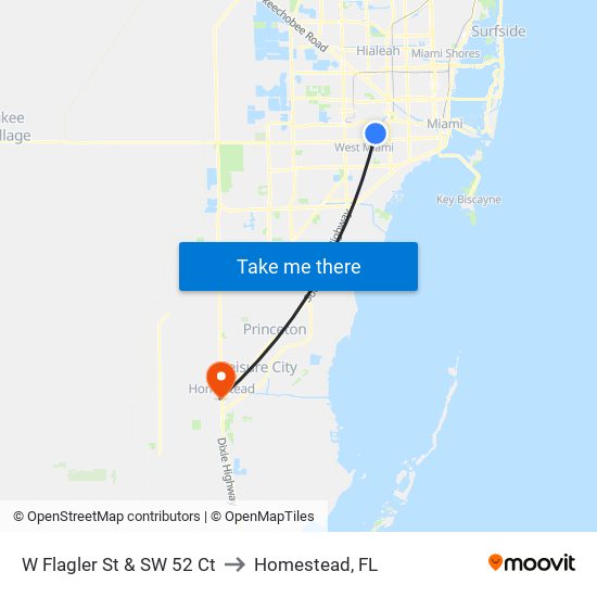 W Flagler St & SW 52 Ct to Homestead, FL map