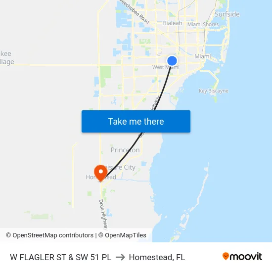W Flagler St & Sw 51 Pl to Homestead, FL map