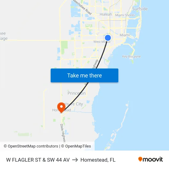 W Flagler St & Sw 44 Av to Homestead, FL map