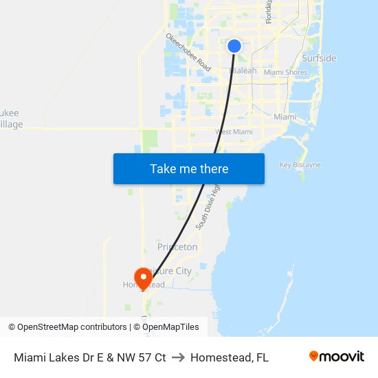 Miami Lakes Dr E & NW 57 Ct to Homestead, FL map