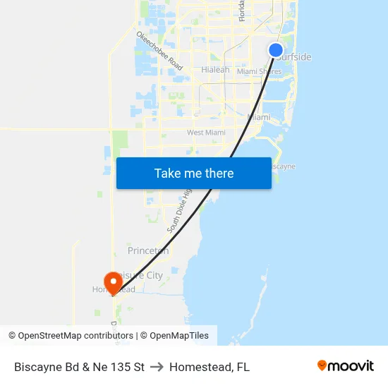 Biscayne Bd & Ne 135 St to Homestead, FL map
