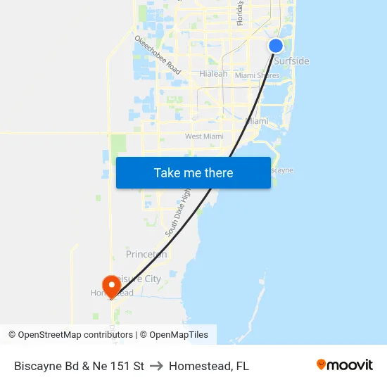 Biscayne Bd & Ne 151 St to Homestead, FL map