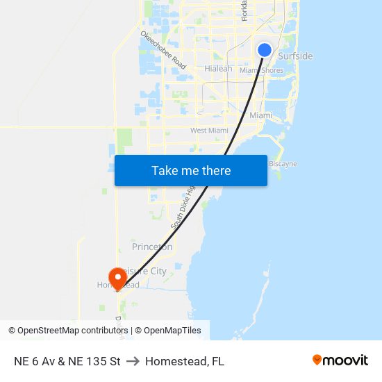 NE 6 Av & NE 135 St to Homestead, FL map