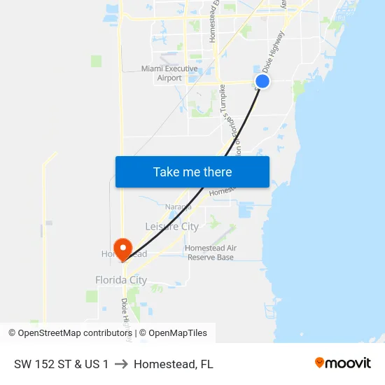 Sw 152 St & Us 1 to Homestead, FL map