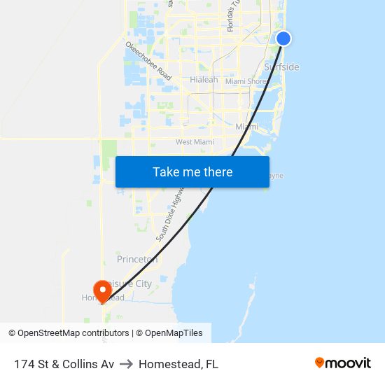 174 St & Collins Av to Homestead, FL map