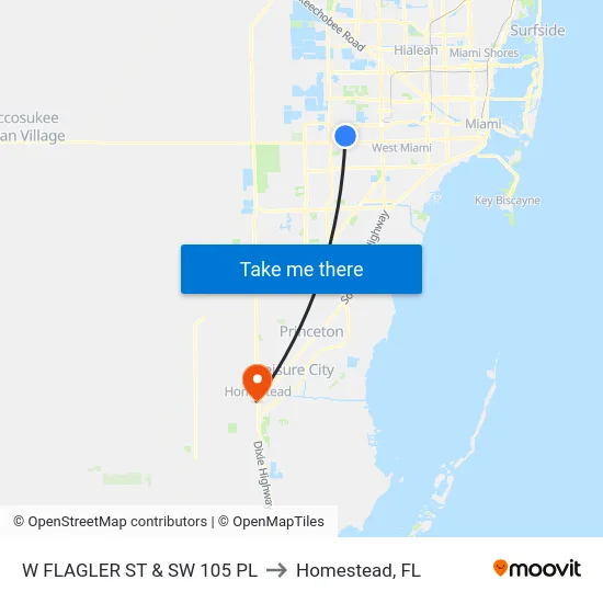 W Flagler St & Sw 105 Pl to Homestead, FL map