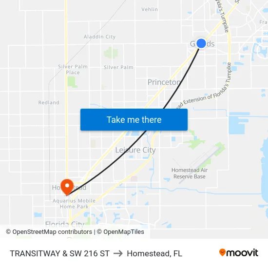 Transitway & Sw 216 St to Homestead, FL map