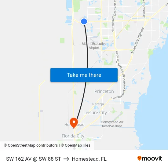 Sw 162 Av @ Sw 88 St to Homestead, FL map
