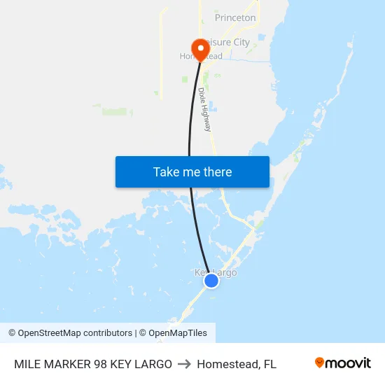Mile Marker 98 Key Largo to Homestead, FL map