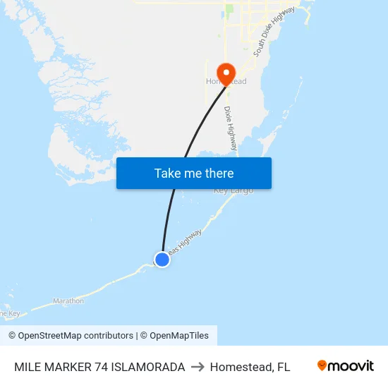 Mile Marker 74 Islamorada to Homestead, FL map