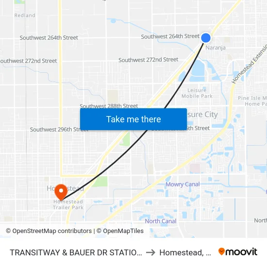 Transitway & Bauer Dr Station to Homestead, FL map