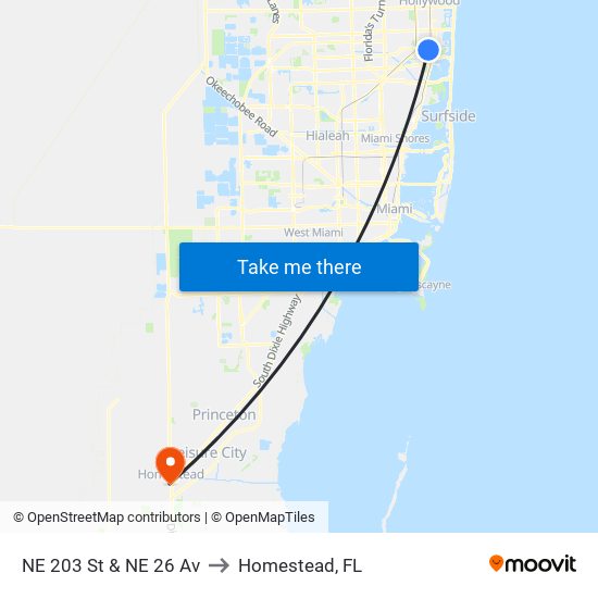 NE 203 St & NE 26 Av to Homestead, FL map