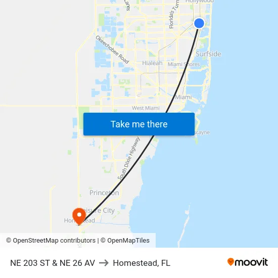 Ne 203 St & Ne 26 Av to Homestead, FL map