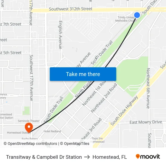 Transitway & Campbell Dr Station to Homestead, FL map