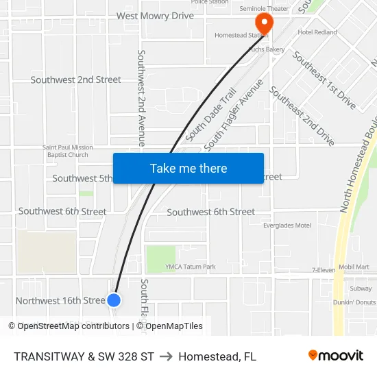 Transitway & Sw 328 St to Homestead, FL map