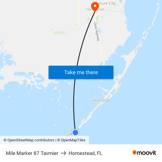 Mile Marker 87 Tavrnier to Homestead, FL map