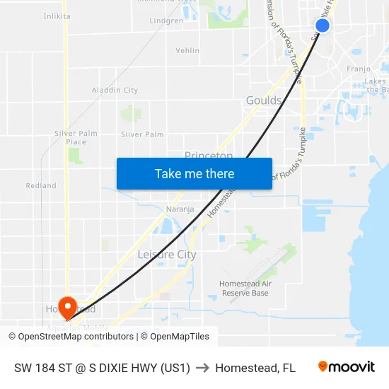 Sw 184 St @ S Dixie Hwy (Us1) to Homestead, FL map