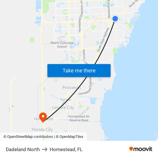 Dadeland North to Homestead, FL map