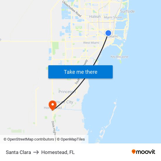 Santa Clara to Homestead, FL map