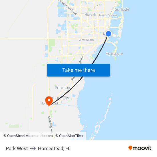 Park West to Homestead, FL map