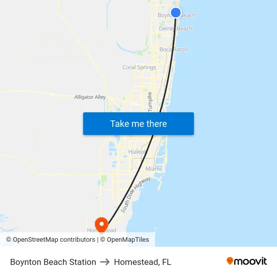 Boynton Beach Station to Homestead, FL map