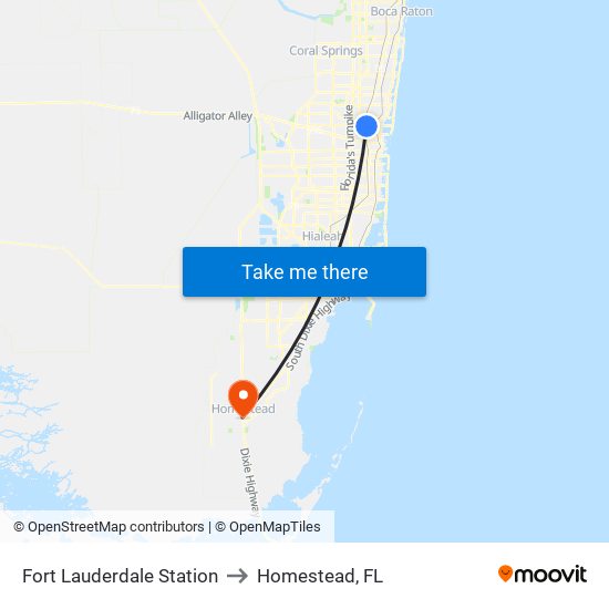 Fort Lauderdale Station to Homestead, FL map