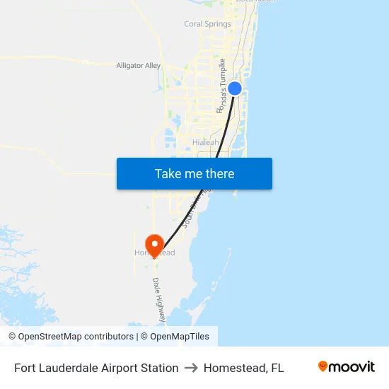 Fort Lauderdale Airport Station to Homestead, FL map