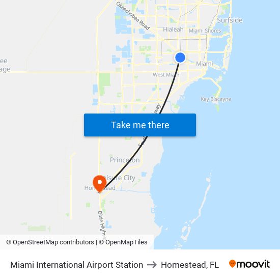 Miami International Airport Station to Homestead, FL map