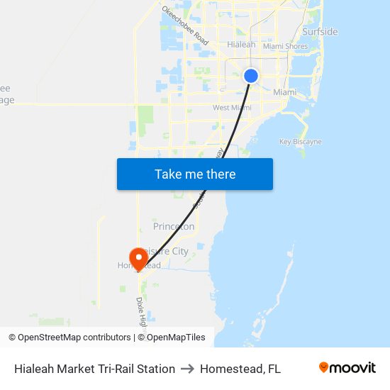 Hialeah Market Tri-Rail Station to Homestead, FL map
