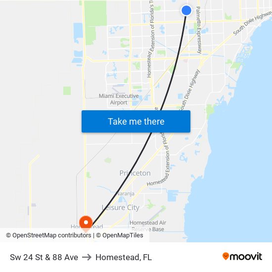 Sw 24 St & 88 Ave to Homestead, FL map
