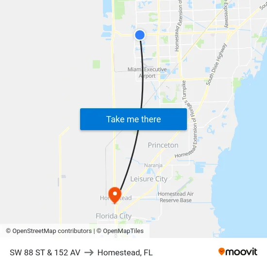 Sw 88 St & 152 Av to Homestead, FL map
