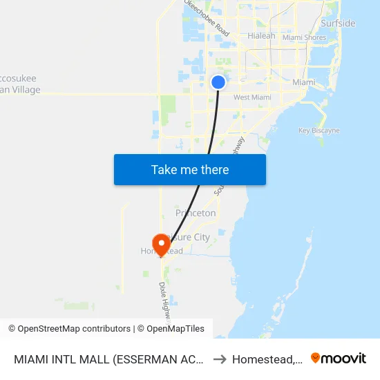 Miami Intl Mall (Esserman Acura) to Homestead, FL map