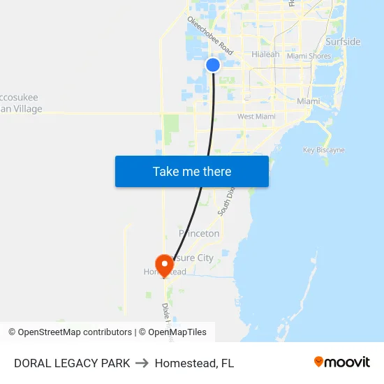 Doral Legacy Park to Homestead, FL map