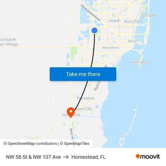 NW 58 St & NW 107 Ave to Homestead, FL map