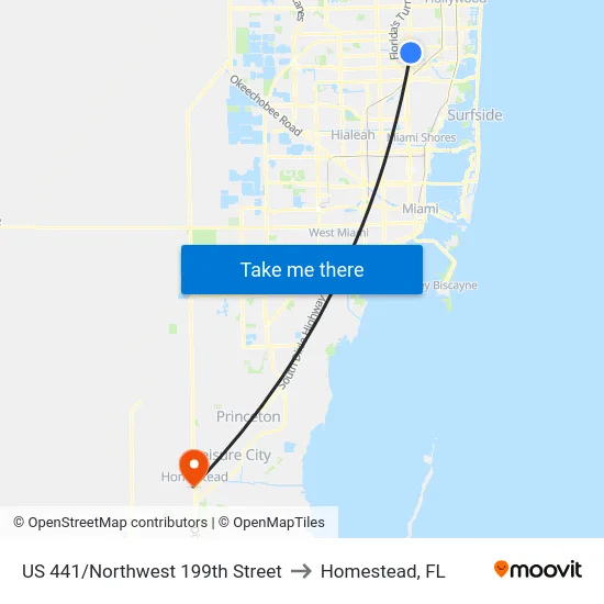 US 441/Northwest 199th Street to Homestead, FL map