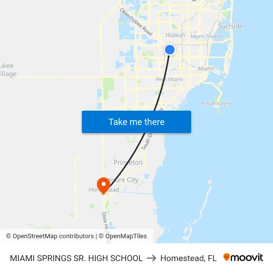 Miami Springs Sr. High School to Homestead, FL map