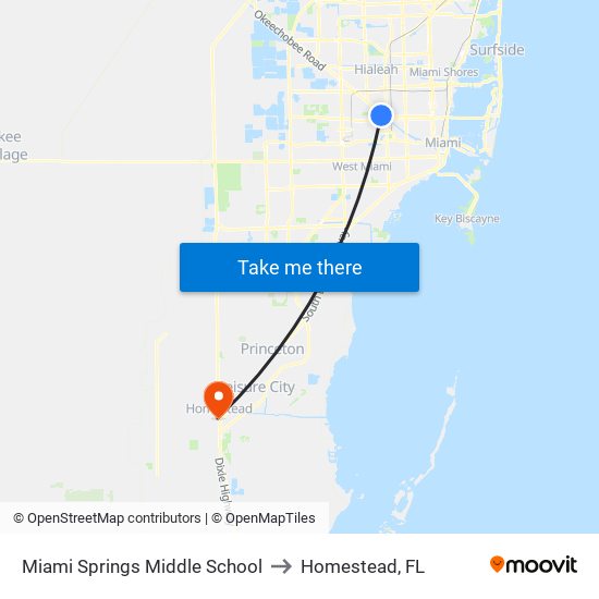 Miami Springs Middle School to Homestead, FL map