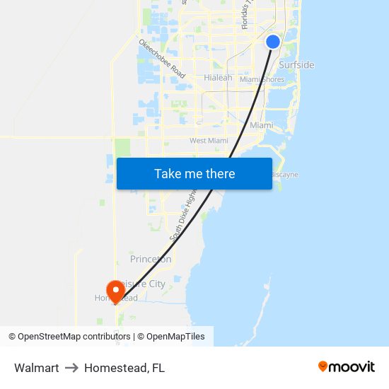 Walmart to Homestead, FL map
