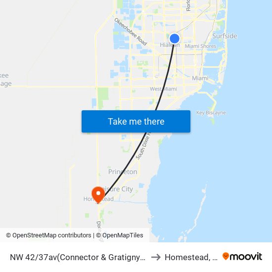 NW 42/37av(Connector & Gratigny Dr) to Homestead, FL map