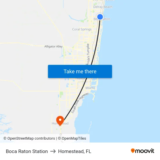Boca Raton Station to Homestead, FL map