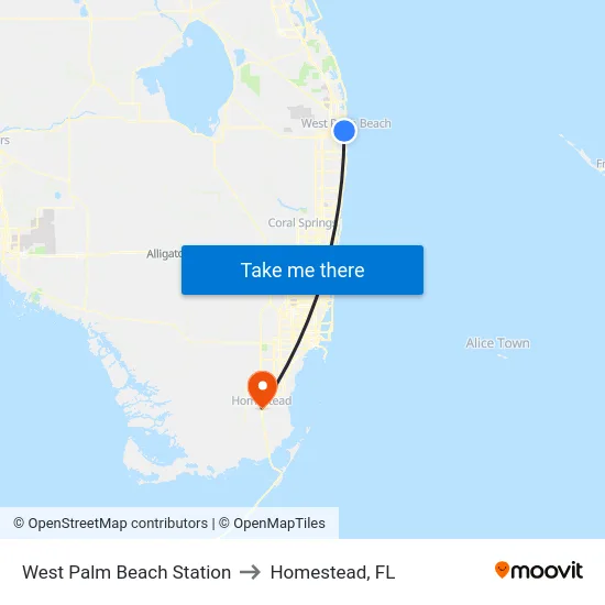 West Palm Beach Station to Homestead, FL map