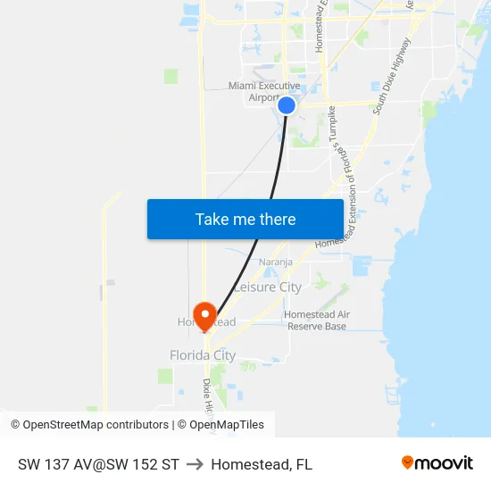 Sw 137 Av@sw 152 St to Homestead, FL map