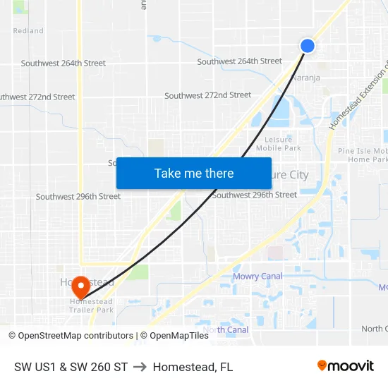 Sw Us1 & Sw 260 St to Homestead, FL map