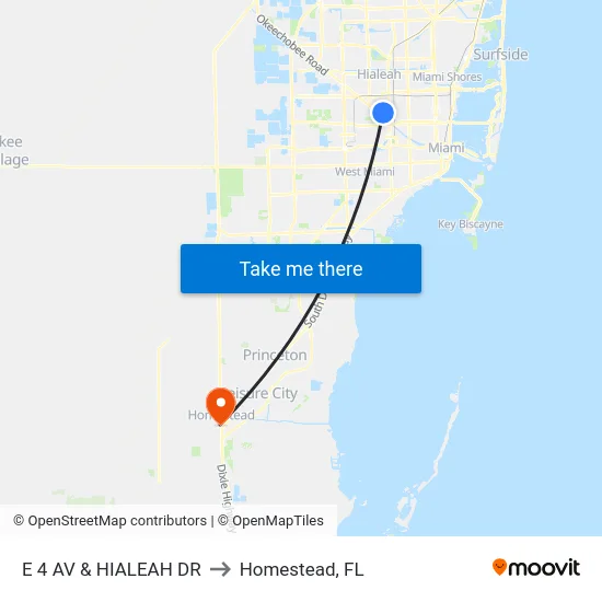 E 4 Av & Hialeah Dr to Homestead, FL map
