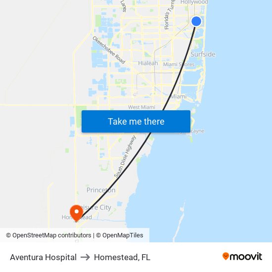 Aventura Hospital to Homestead, FL map