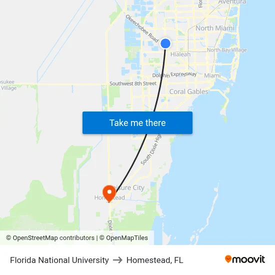 Florida National University to Homestead, FL map